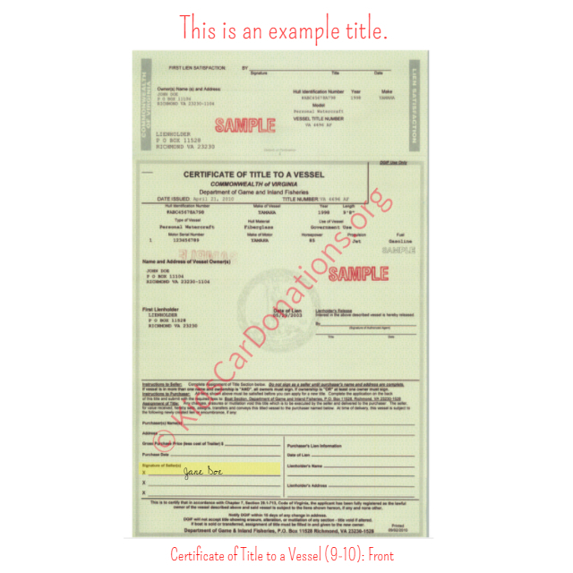 This is an Example of Virginia Certificate of Title to a Vessel (9-10) Front View | Kids Car Donations
